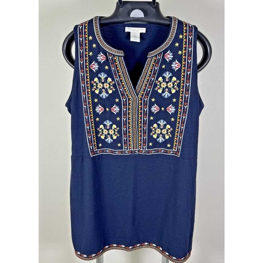 Christian Siriano Navy Blue Embroidered Sleeveless Tank Top Shirt Womens M Boho